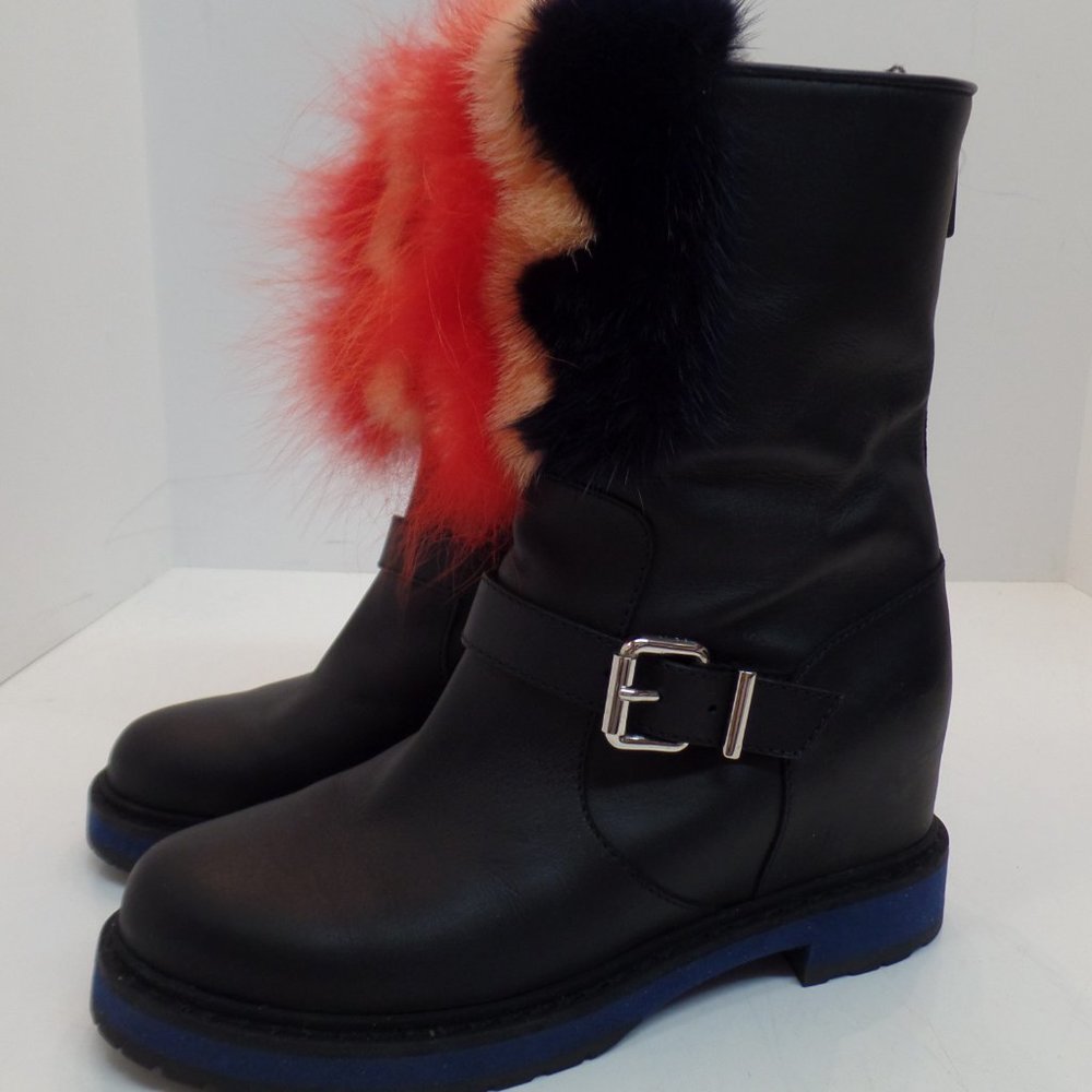 Fendi Caroline Fur Trimmed Buckle Accent Black Leather Boots Sz 39.5 or US Sz 9 - Picture 3 of 16